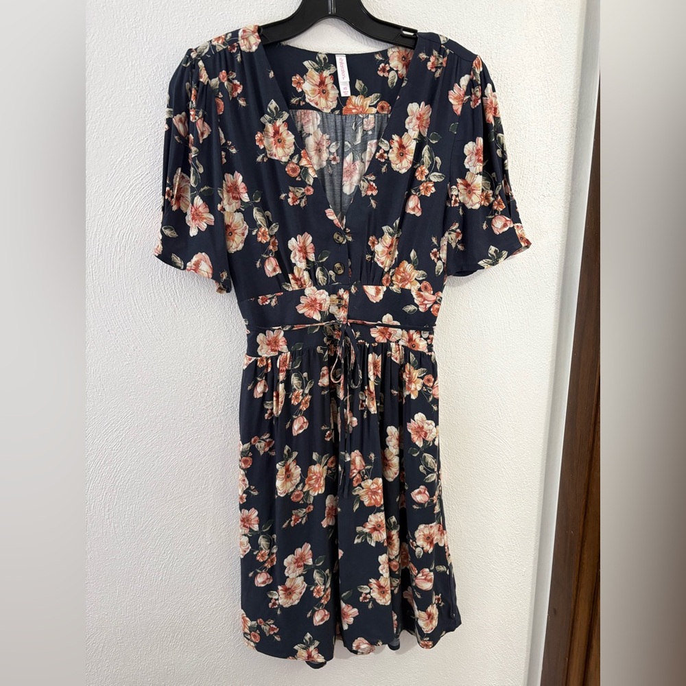Xhilaration Black Floral Midi Dress with Tie Waist